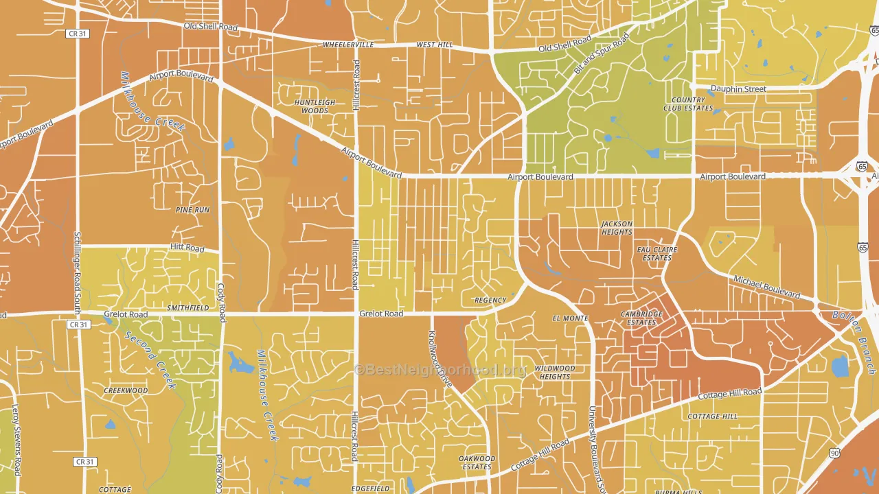 Map of the best neighborhoods in the Berkleigh, Mobile area, with better matches in green and worse matches in red
