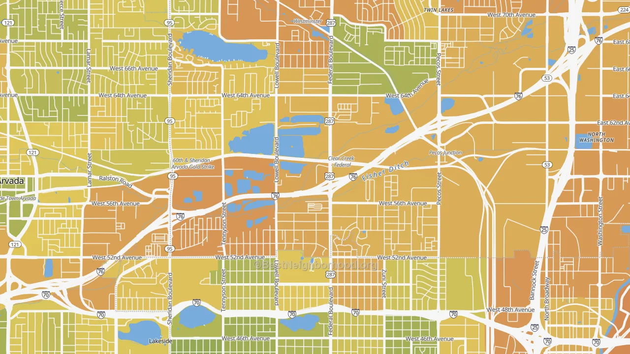 Map of the best neighborhoods in the Berkley area, with better matches in green and worse matches in red