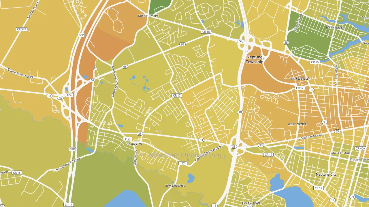 Map of the best neighborhoods in the Berkley Estates, Neptune area, with better matches in green and worse matches in red