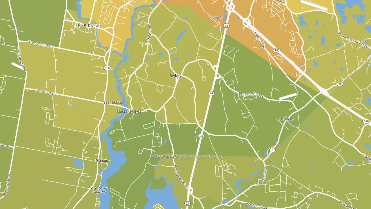 Map of the best neighborhoods in the Berkley area, with better matches in green and worse matches in red