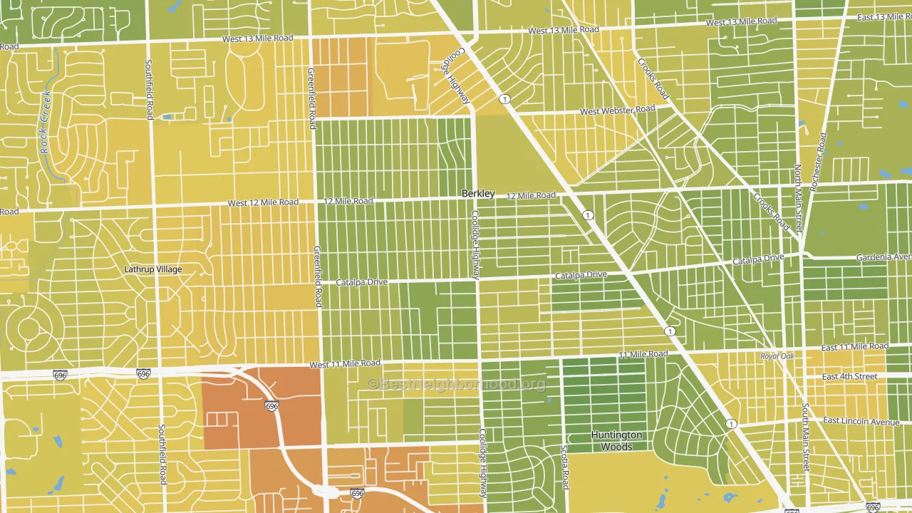 Map of the best neighborhoods in the Berkley area, with better matches in green and worse matches in red