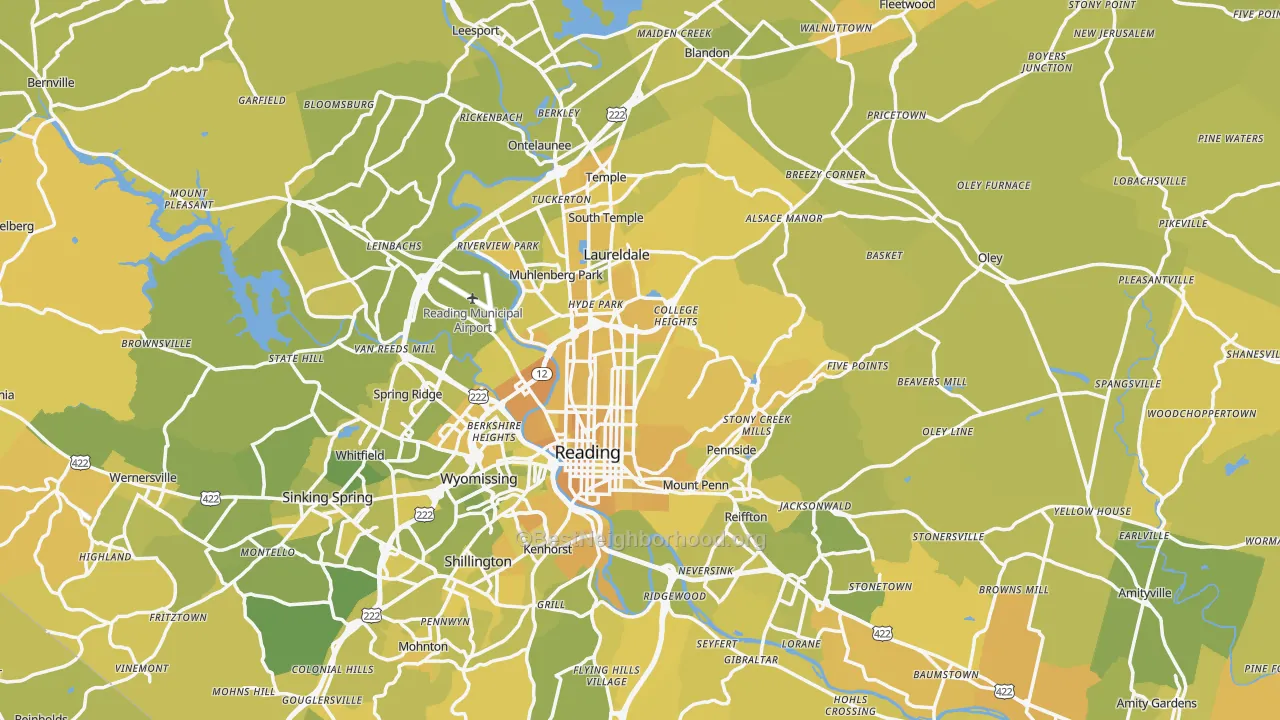 Map of the best neighborhoods in the Berks County area, with better matches in green and worse matches in red