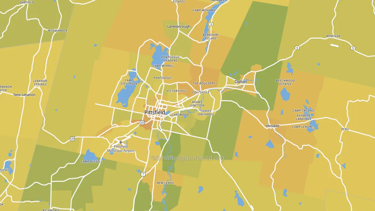 Map of the best neighborhoods in the Berkshire County area, with better matches in green and worse matches in red