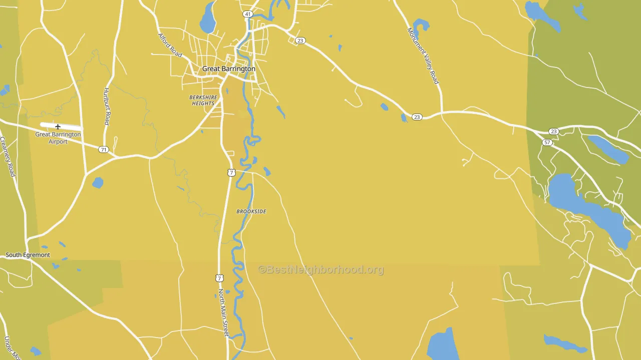 Map of the best neighborhoods in the Berkshire Heights area, with better matches in green and worse matches in red