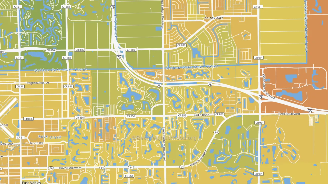 Map of the best neighborhoods in the Berkshire Lakes, Naples area, with better matches in green and worse matches in red