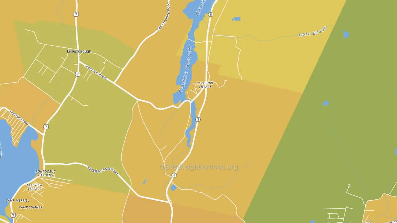 Map of the best neighborhoods in the Berkshire area, with better matches in green and worse matches in red