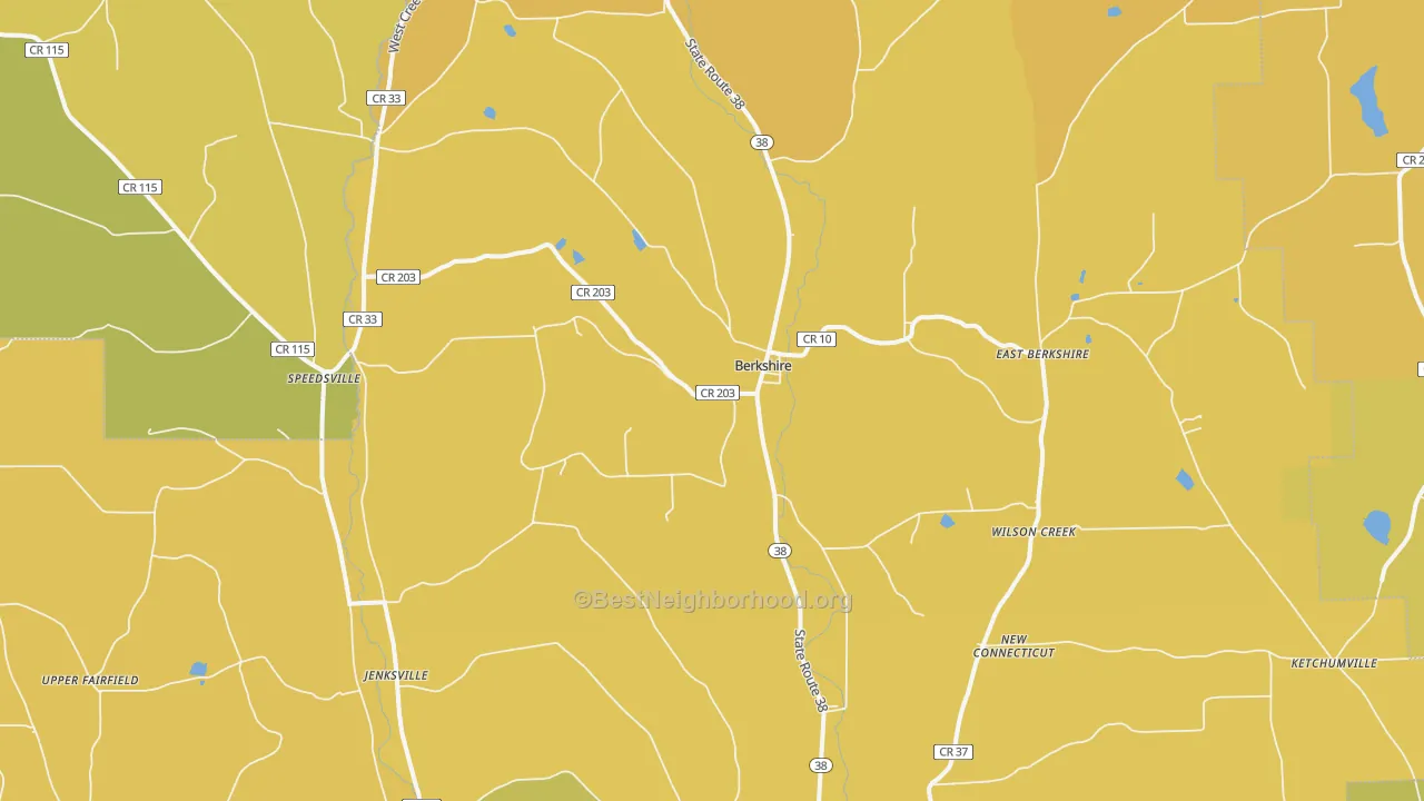 Map of the best neighborhoods in the Berkshire area, with better matches in green and worse matches in red