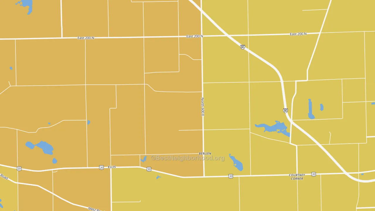 Map of the best neighborhoods in the Berlien area, with better matches in green and worse matches in red