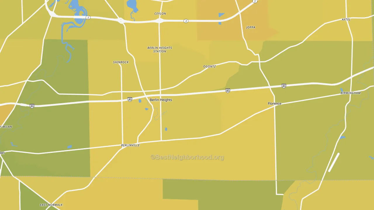Map of the best neighborhoods in the Berlin Heights area, with better matches in green and worse matches in red