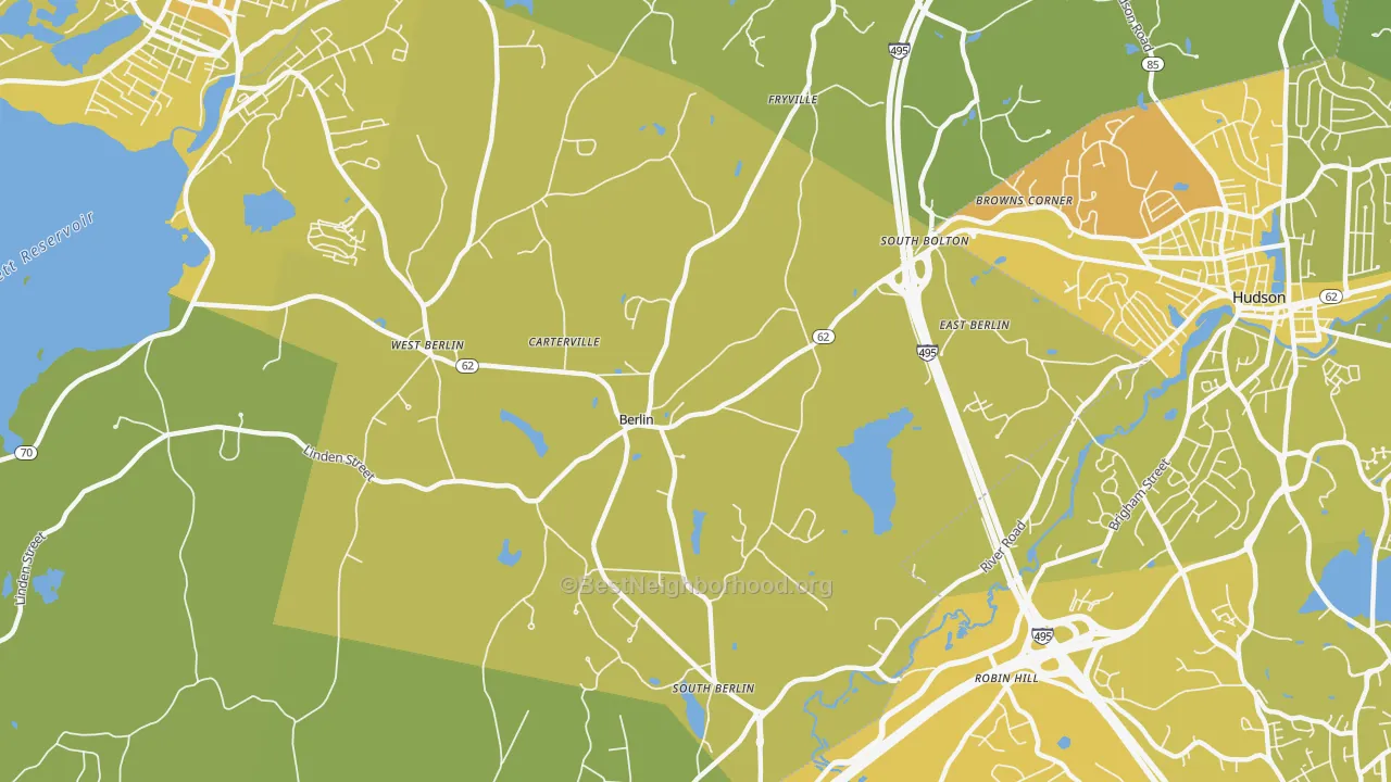 Map of the best neighborhoods in the Berlin area, with better matches in green and worse matches in red