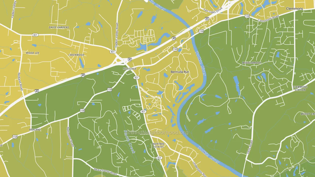 Map of the best neighborhoods in the Bermuda Run area, with better matches in green and worse matches in red