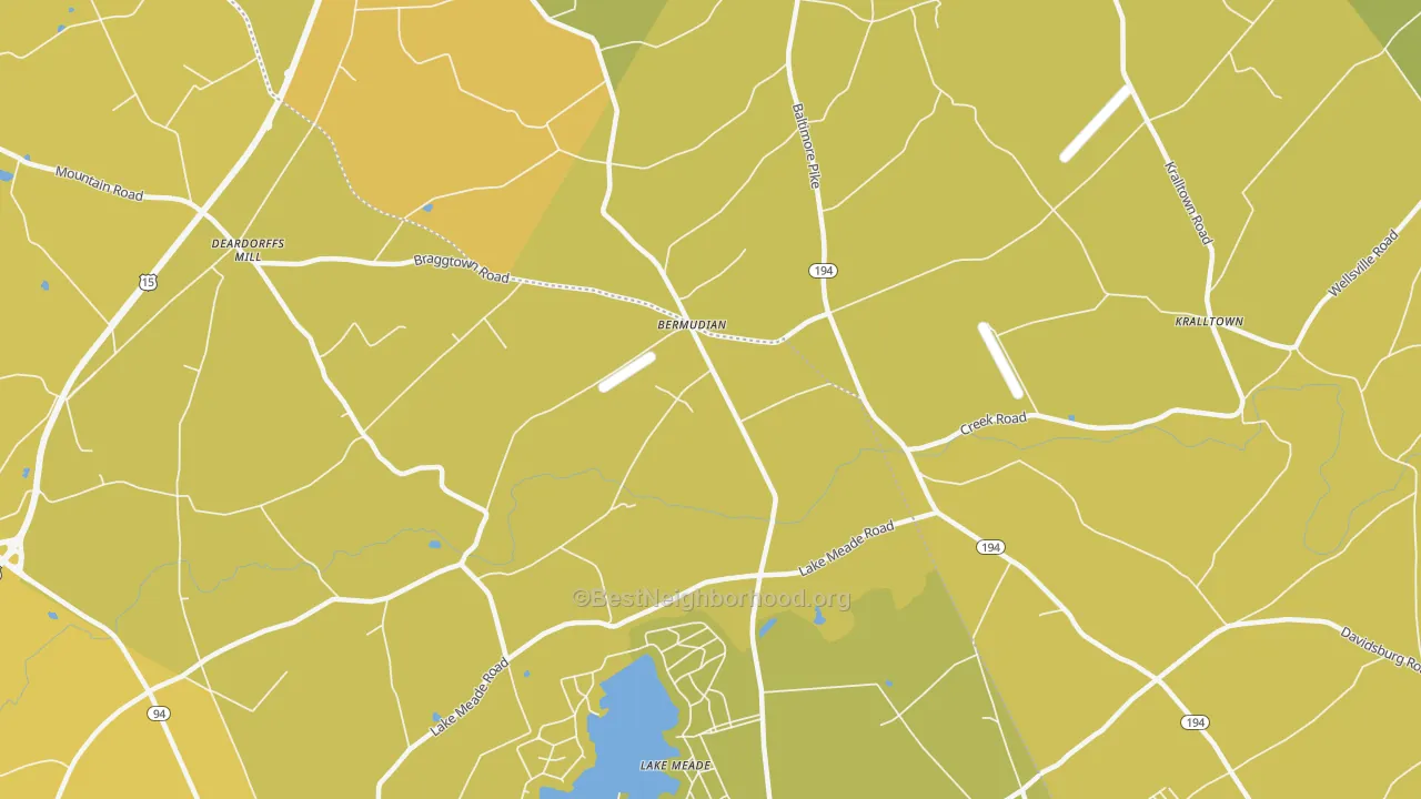 Map of the best neighborhoods in the Bermudian area, with better matches in green and worse matches in red