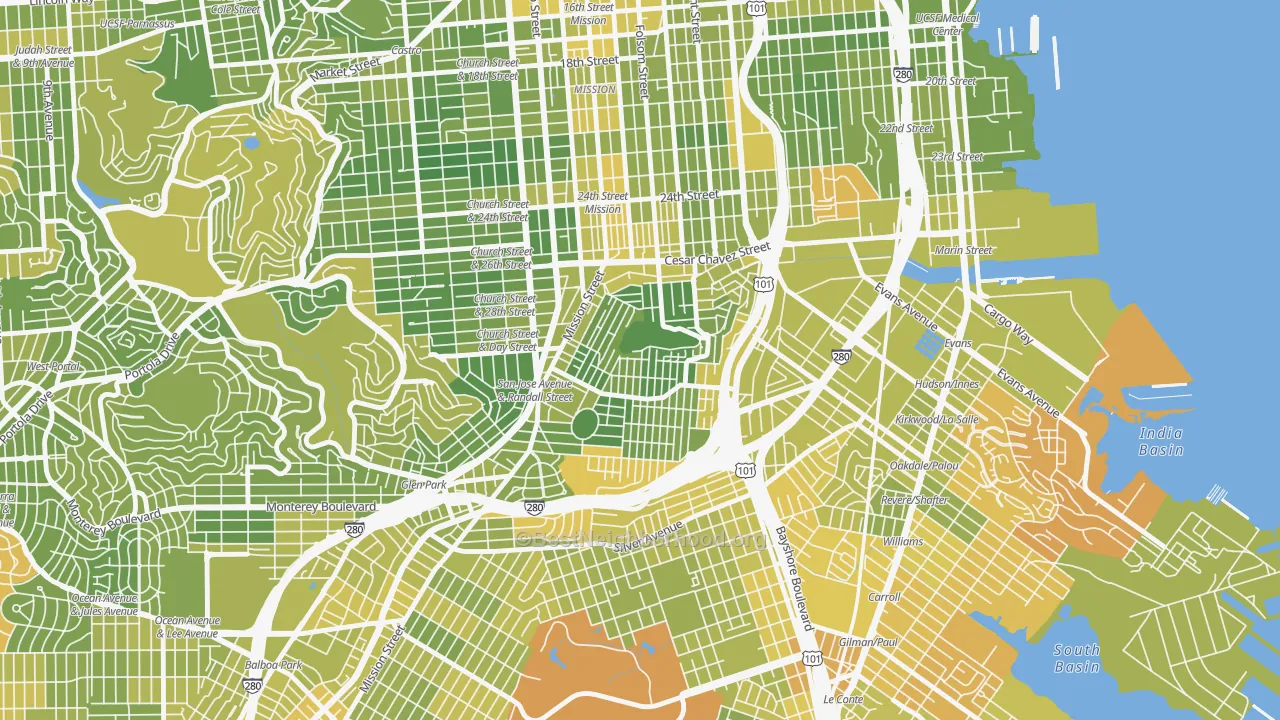 Map of the best neighborhoods in the Bernal Heights, San Francisco area, with better matches in green and worse matches in red