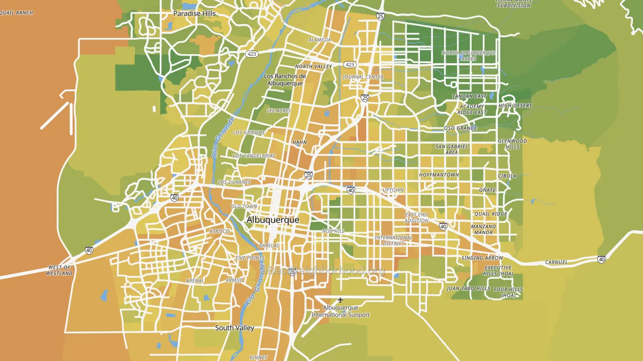 Map of the best neighborhoods in the Bernalillo County area, with better matches in green and worse matches in red