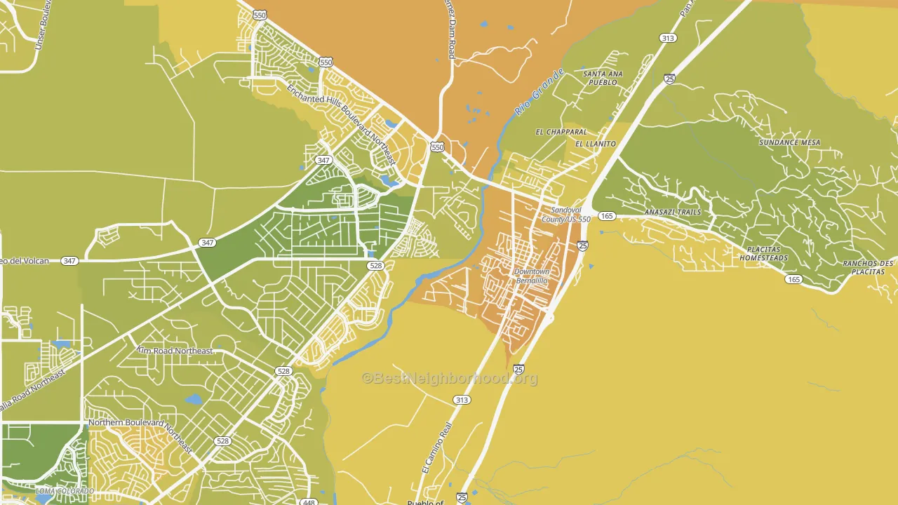 Map of the best neighborhoods in the Bernalillo area, with better matches in green and worse matches in red