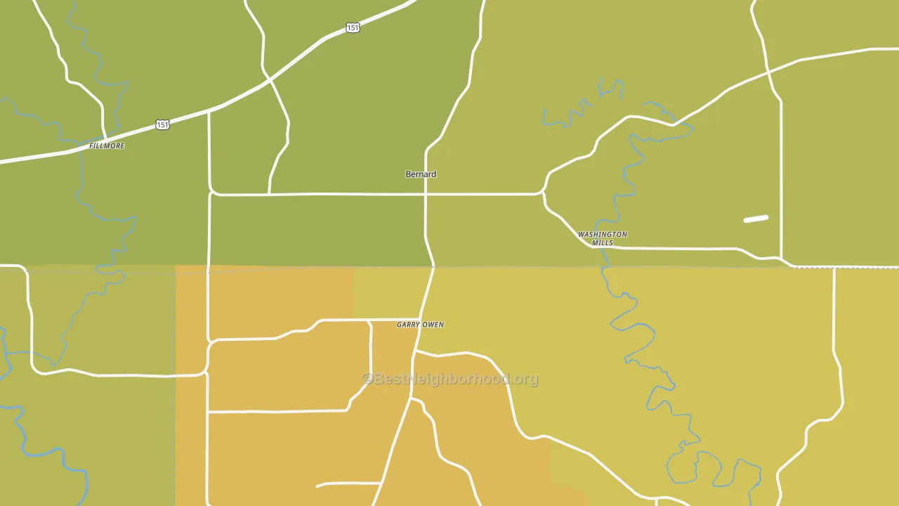 Map of the best neighborhoods in the Bernard area, with better matches in green and worse matches in red