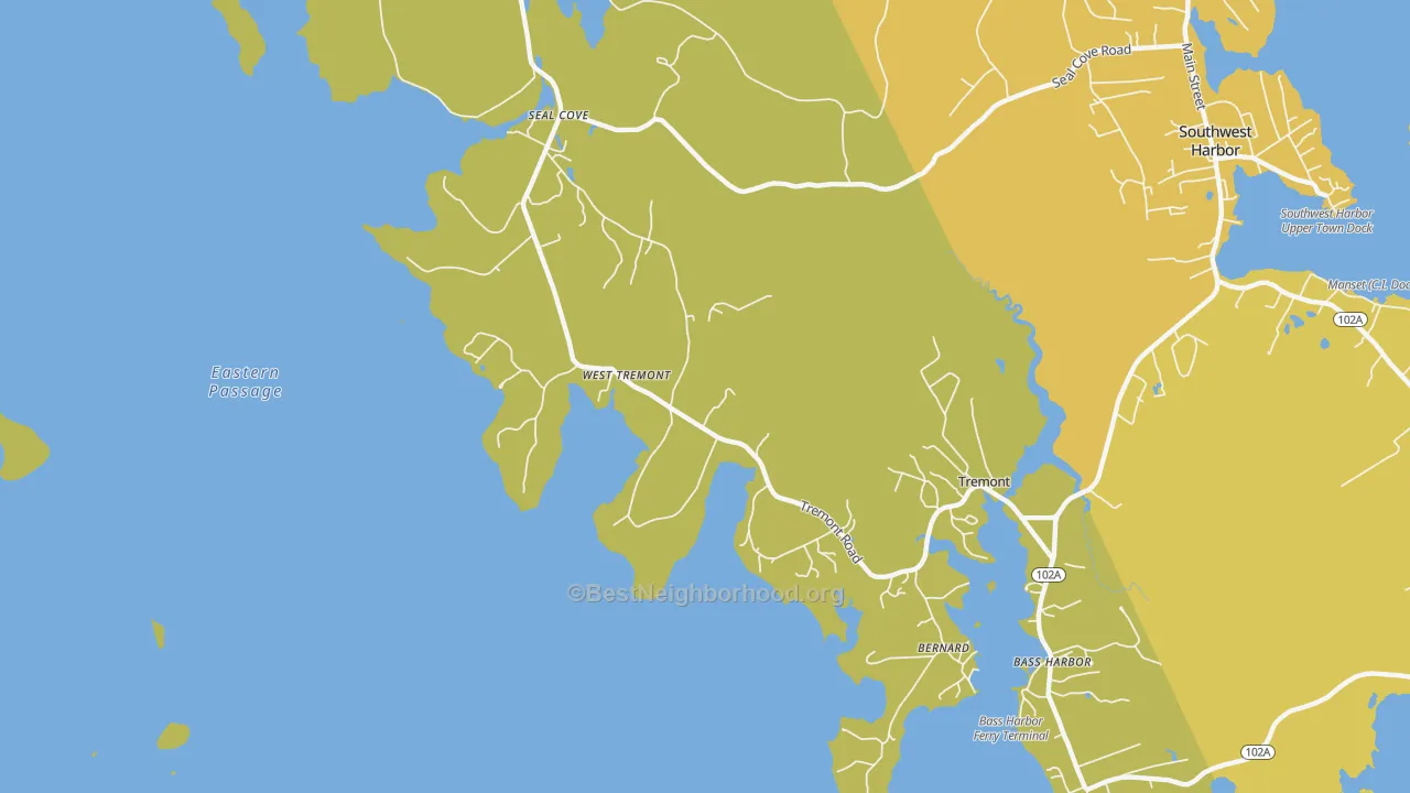Map of the best neighborhoods in the Bernard area, with better matches in green and worse matches in red