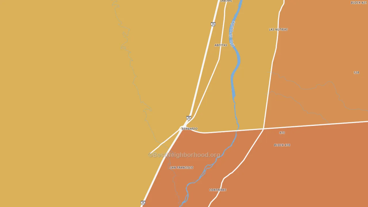 Map of the best neighborhoods in the Bernardo area, with better matches in green and worse matches in red