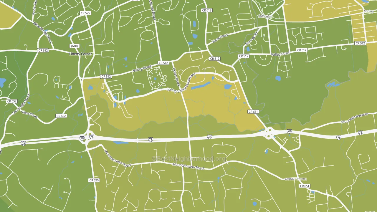 Map of the best neighborhoods in the Bernards area, with better matches in green and worse matches in red