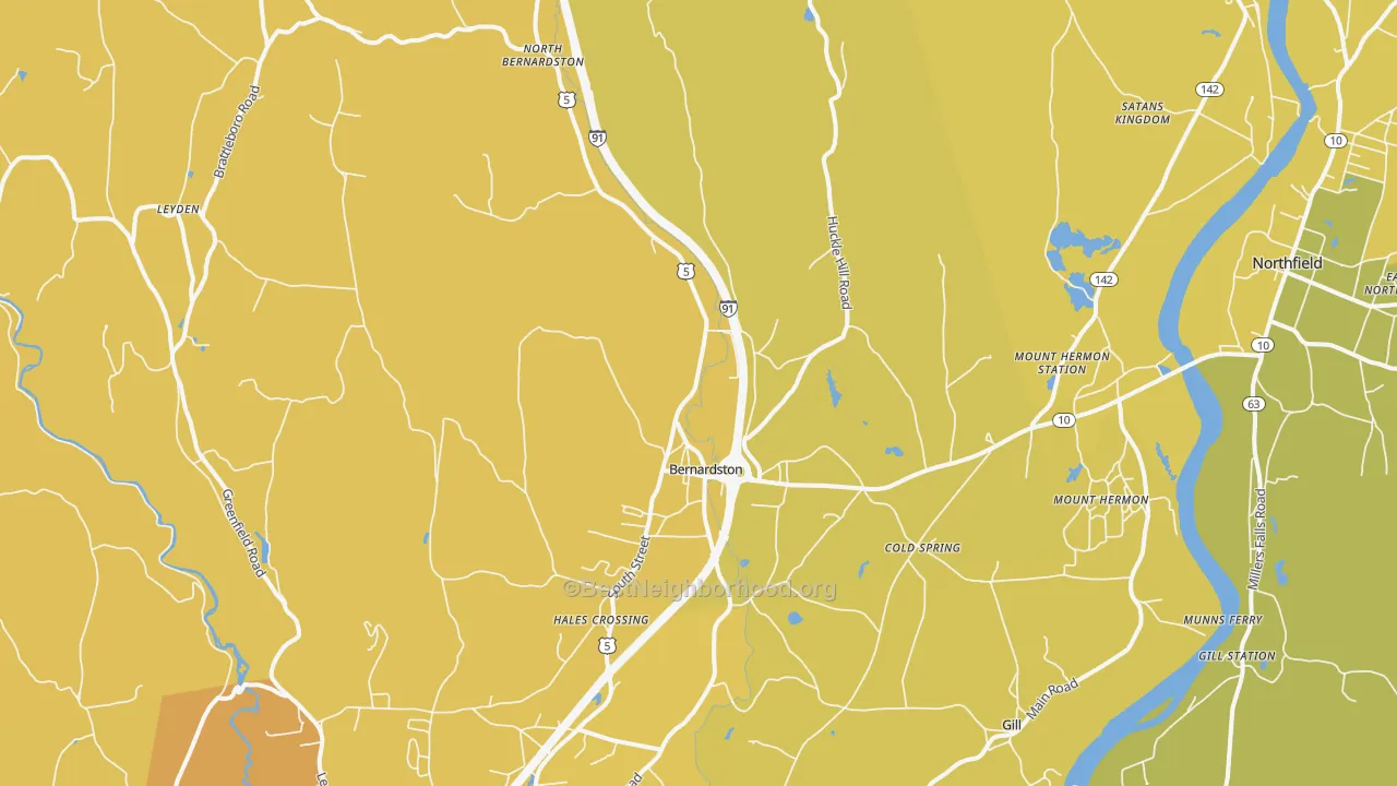 Map of the best neighborhoods in the Bernardston area, with better matches in green and worse matches in red