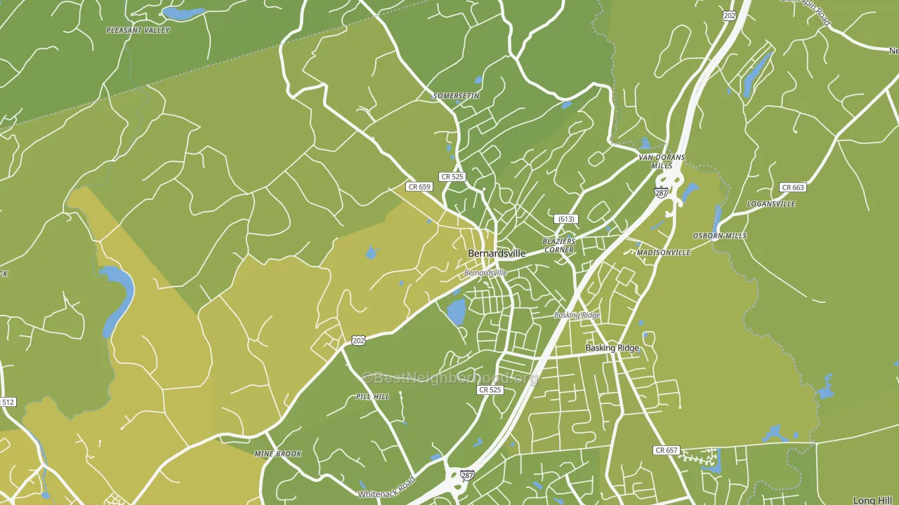 Map of the best neighborhoods in the Bernardsville area, with better matches in green and worse matches in red