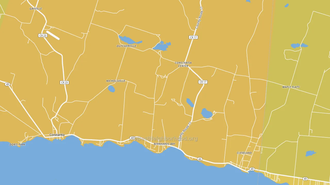 Map of the best neighborhoods in the Bernhards Bay area, with better matches in green and worse matches in red