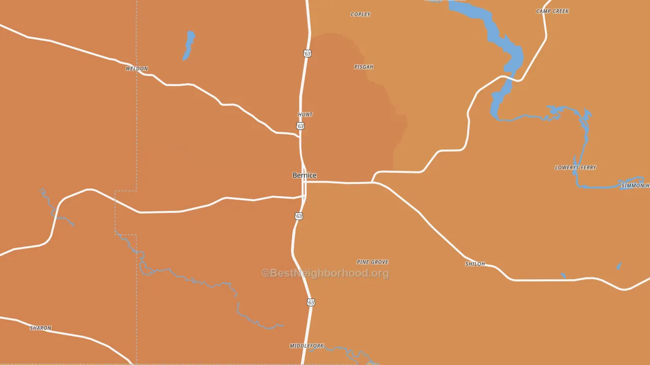Map of the best neighborhoods in the Bernice area, with better matches in green and worse matches in red