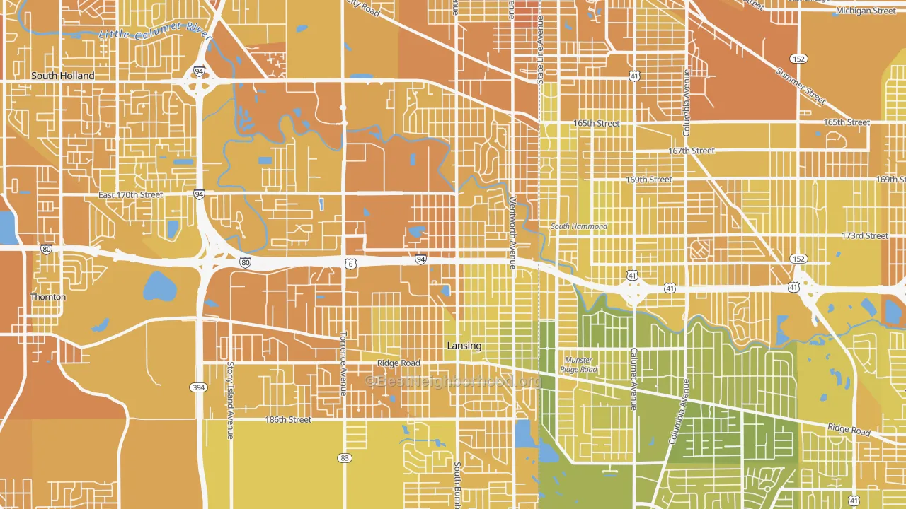 Map of the best neighborhoods in the Bernice, Lansing area, with better matches in green and worse matches in red