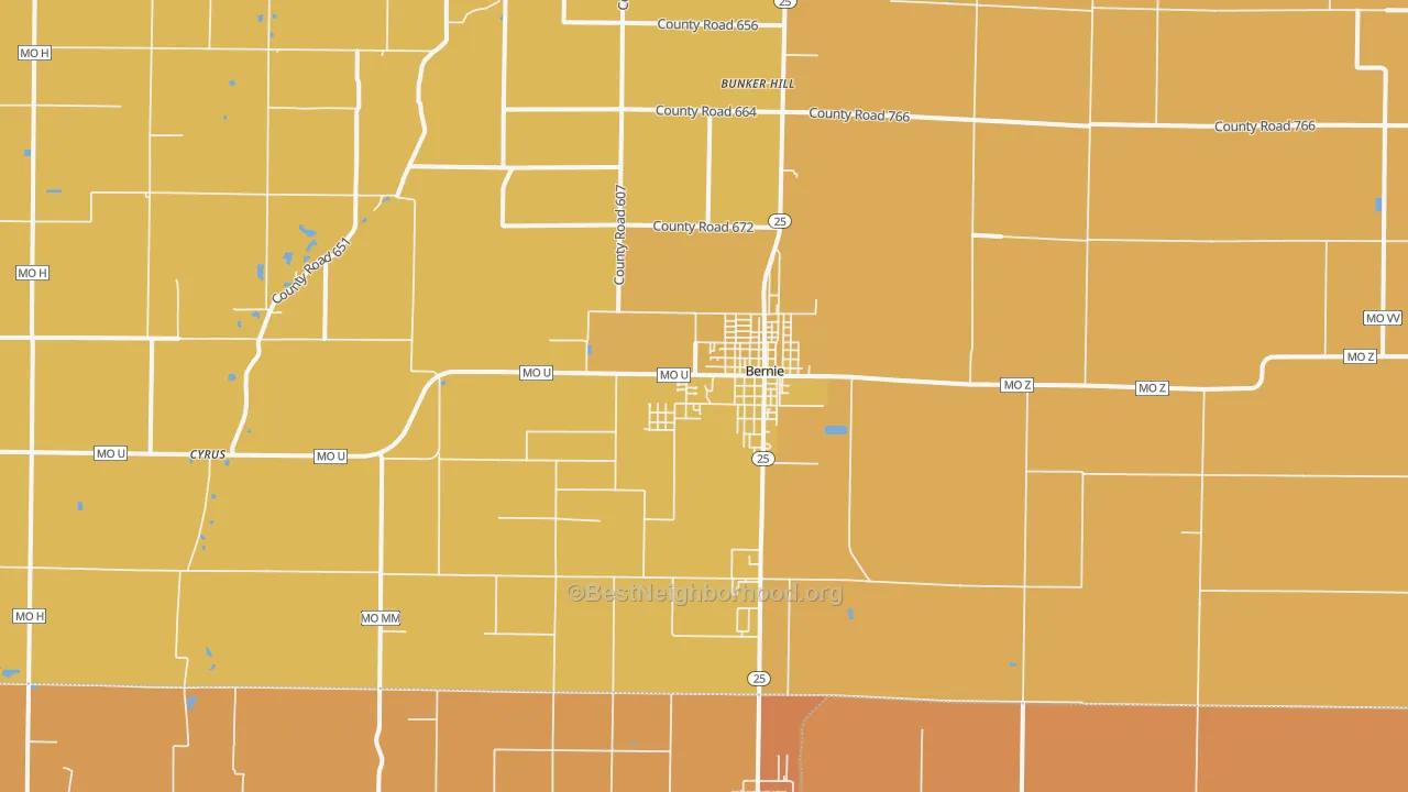 Map of the best neighborhoods in the Bernie area, with better matches in green and worse matches in red