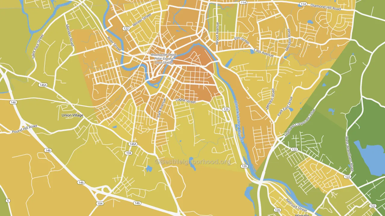 Map of the best neighborhoods in the Bernon Heights, Woonsocket area, with better matches in green and worse matches in red
