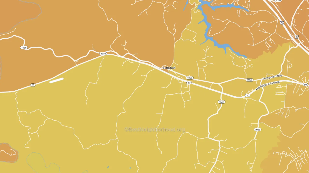 Map of the best neighborhoods in the Bernstadt area, with better matches in green and worse matches in red
