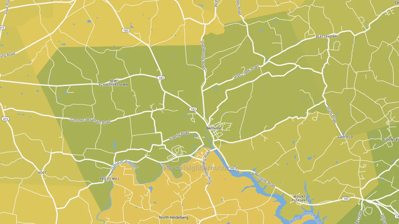 Map of the best neighborhoods in the Bernville area, with better matches in green and worse matches in red