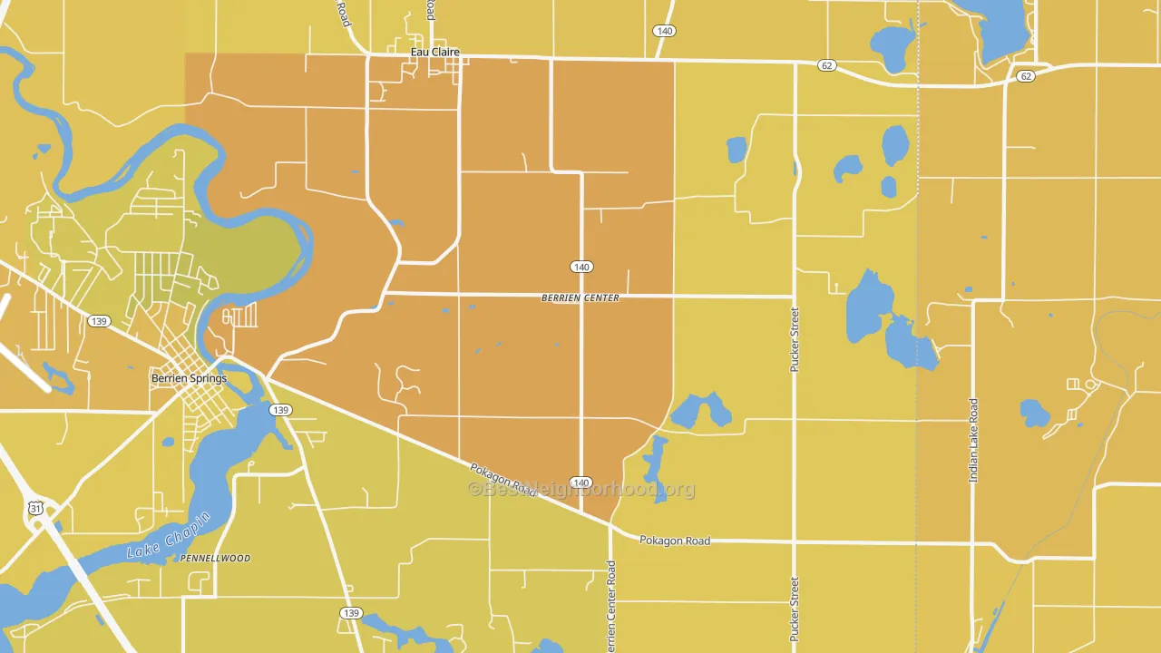 Map of the best neighborhoods in the Berrien Center area, with better matches in green and worse matches in red