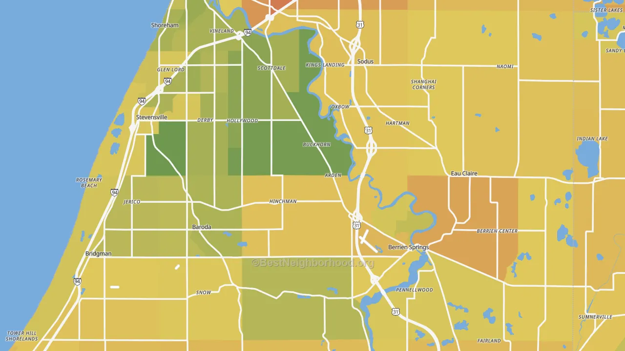 Map of the best neighborhoods in the Berrien County area, with better matches in green and worse matches in red