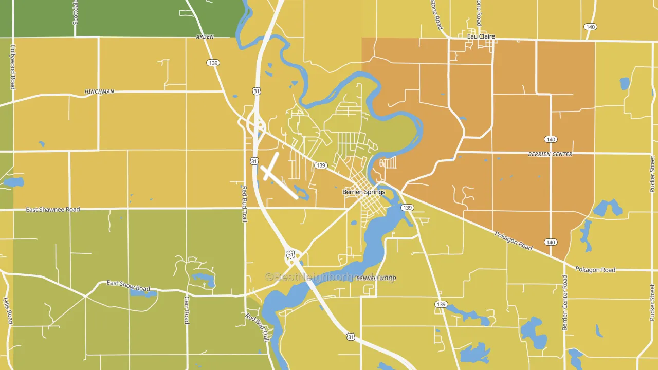 Map of the best neighborhoods in the Berrien Springs area, with better matches in green and worse matches in red