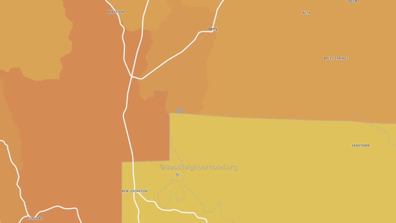 Map of the best neighborhoods in the Berry area, with better matches in green and worse matches in red