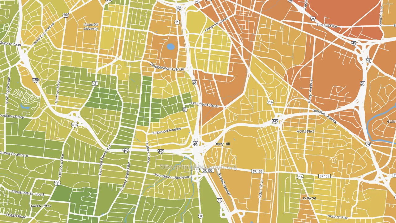 Map of the best neighborhoods in the Berry Hill area, with better matches in green and worse matches in red