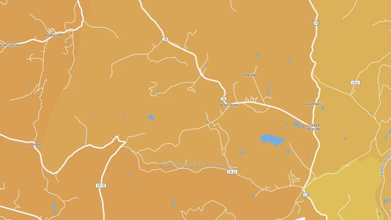 Map of the best neighborhoods in the Berryburg area, with better matches in green and worse matches in red