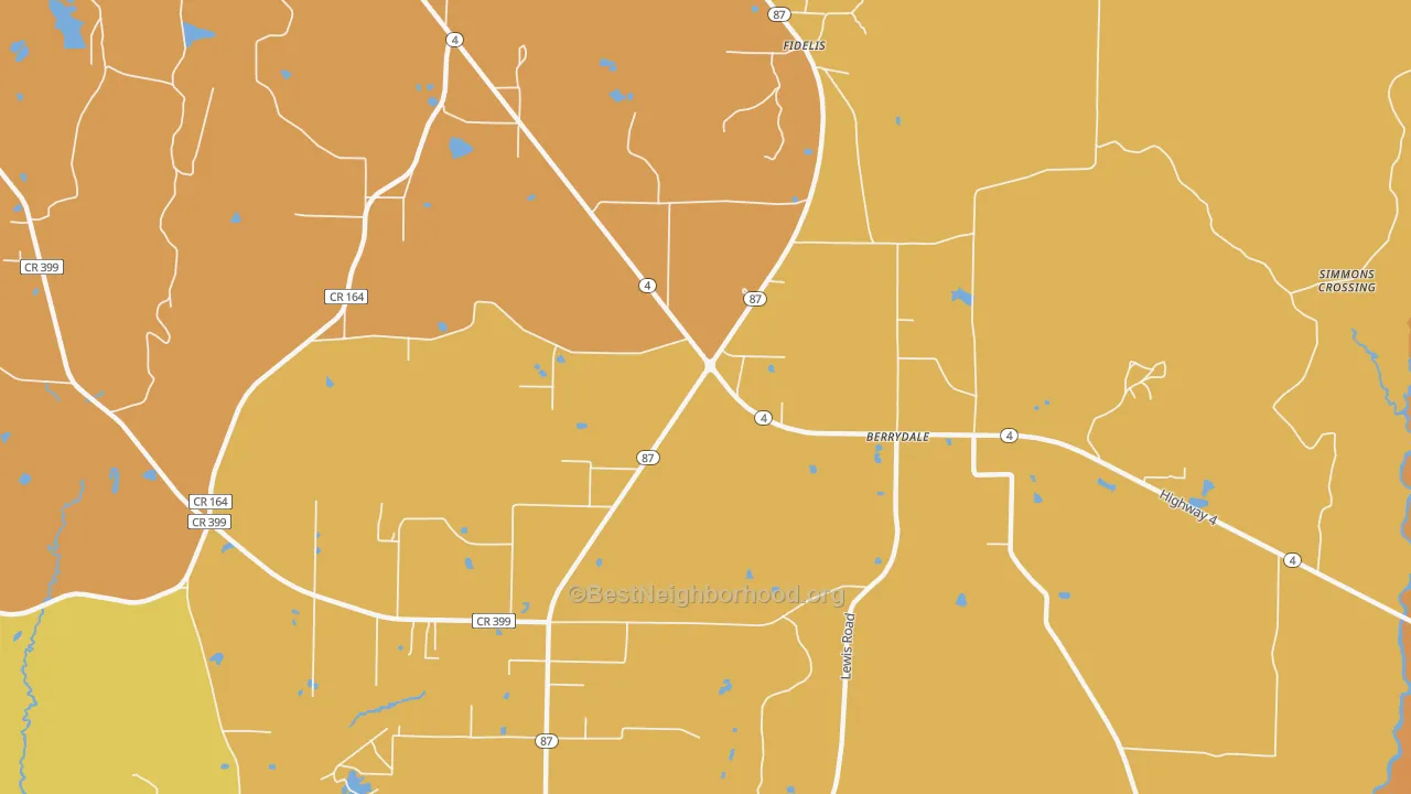 Map of the best neighborhoods in the Berrydale area, with better matches in green and worse matches in red