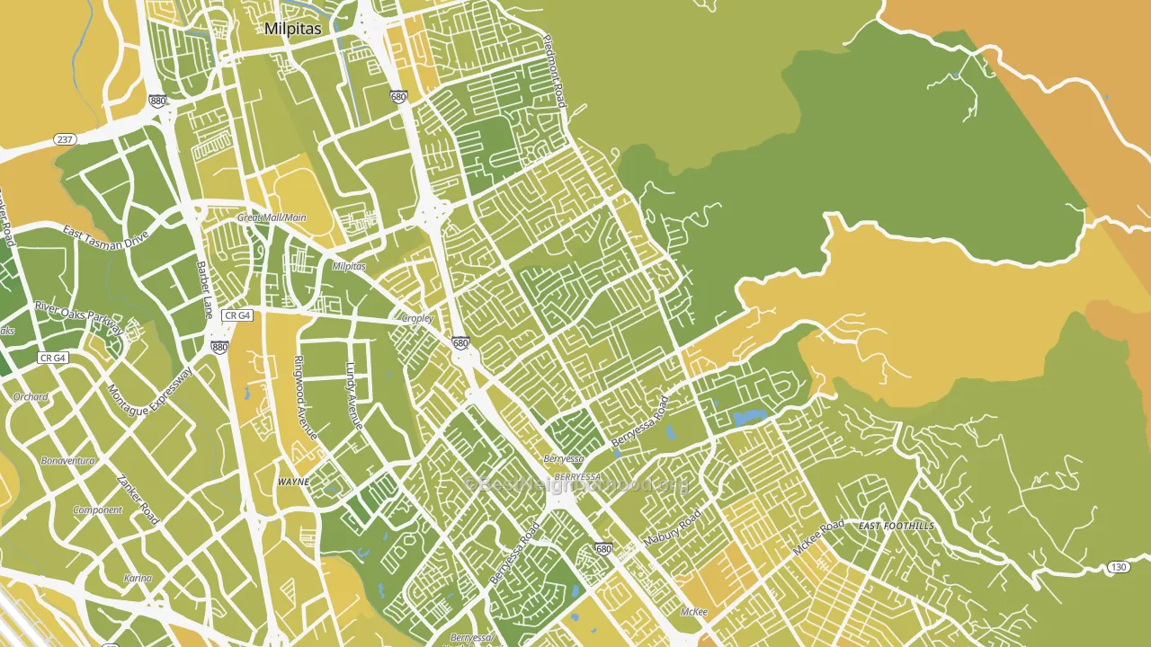 Map of the best neighborhoods in the Berryessa, San Jose area, with better matches in green and worse matches in red