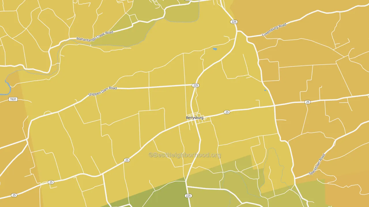Map of the best neighborhoods in the Berrysburg area, with better matches in green and worse matches in red