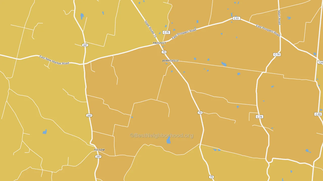 Map of the best neighborhoods in the Berrysville area, with better matches in green and worse matches in red