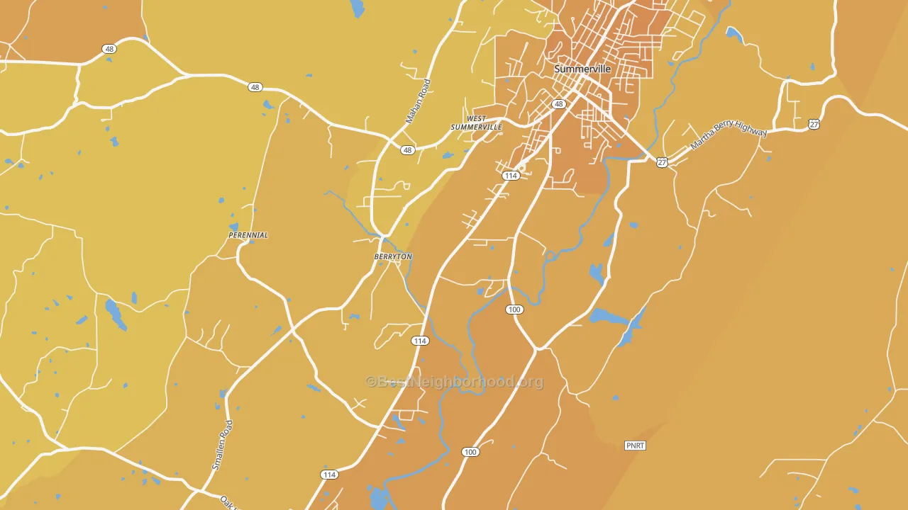Map of the best neighborhoods in the Berryton area, with better matches in green and worse matches in red