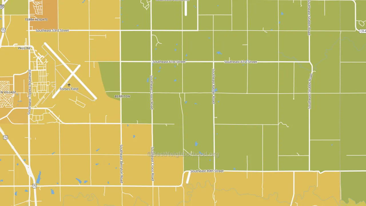 Map of the best neighborhoods in the Berryton area, with better matches in green and worse matches in red