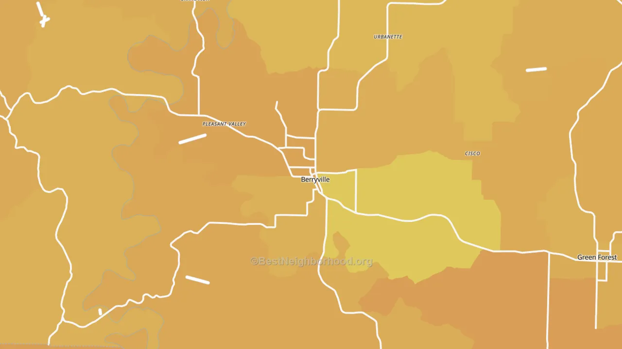 Map of the best neighborhoods in the Berryville area, with better matches in green and worse matches in red