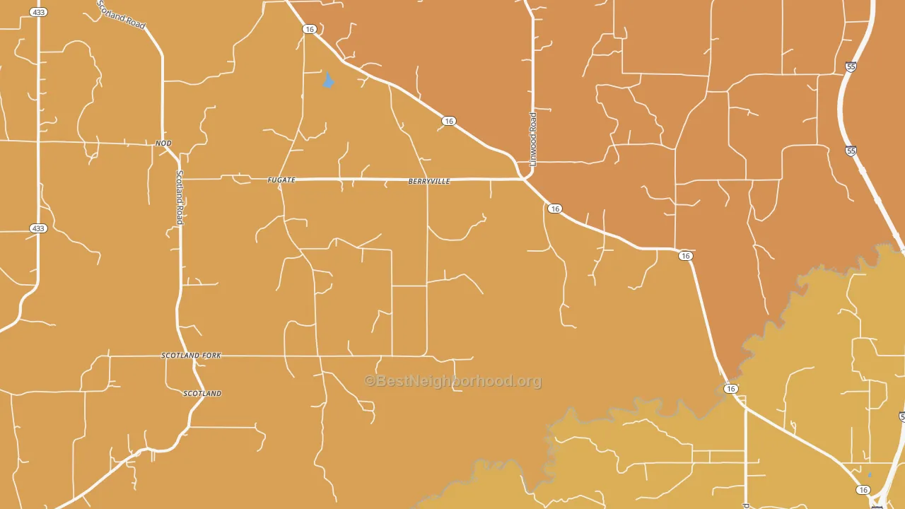Map of the best neighborhoods in the Berryville area, with better matches in green and worse matches in red