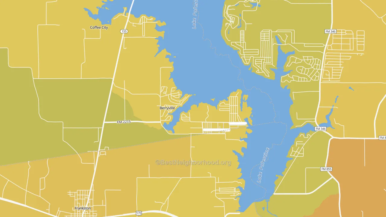 Map of the best neighborhoods in the Berryville area, with better matches in green and worse matches in red