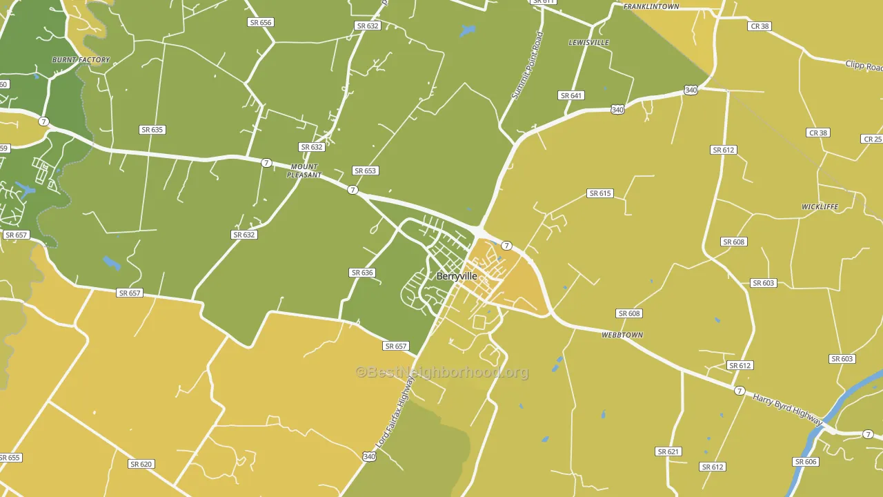 Map of the best neighborhoods in the Berryville area, with better matches in green and worse matches in red