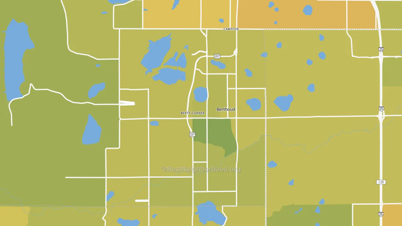Map of the best neighborhoods in the Berthoud area, with better matches in green and worse matches in red