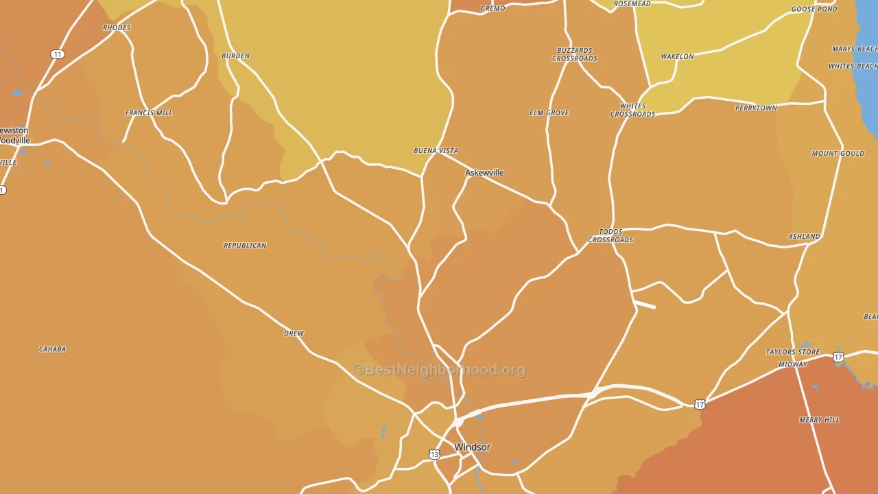 Map of the best neighborhoods in the Bertie County area, with better matches in green and worse matches in red